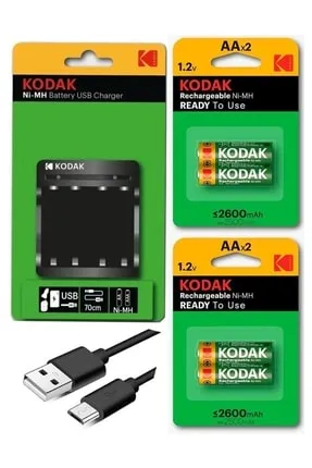 Kodak%20Pil%20Şarj%20Aleti%20Cihazı%20Usb%20Kablolu%204%20Adet%20Kalem%20Pili%20(AA)%202600%20mha%20Dolabilen%20Pil%204%20lü%201%20Paket%20Dolduru